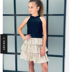 Girls Black Faux Leather Halter Dress with silver skirt
